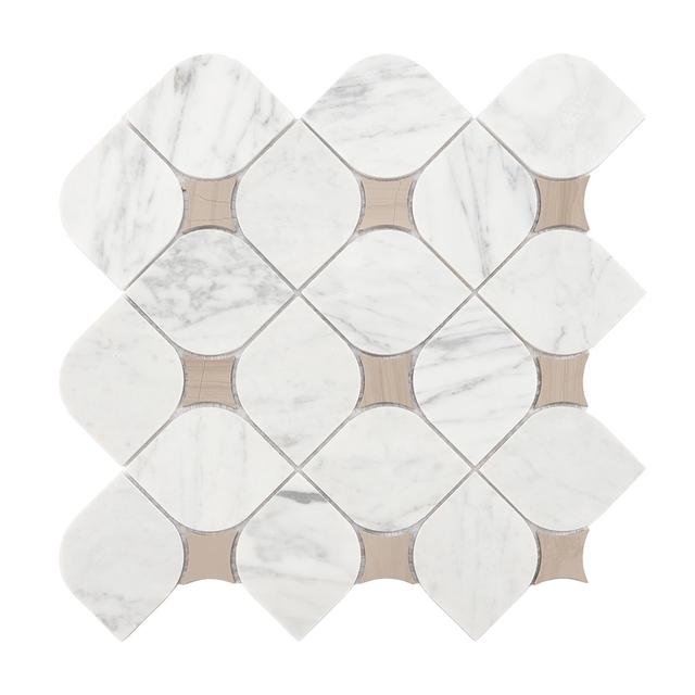 White Arabesque Marble Mosaic Tile with Beige Star Accents — mosaic arabesque bằng đá marble trắng & beige
