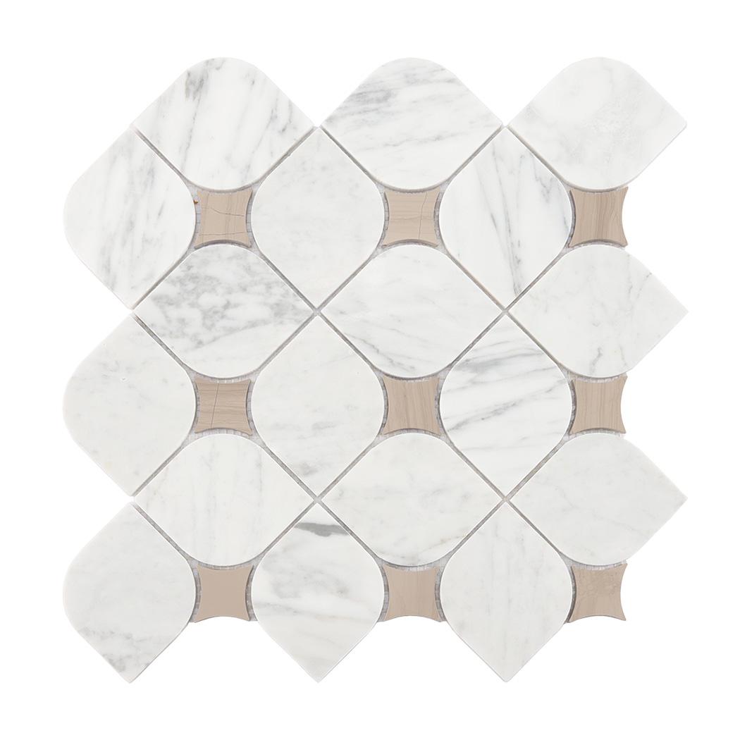 White Arabesque Marble Mosaic Tile with Beige Star Accents — mosaic arabesque bằng đá marble trắng & beige