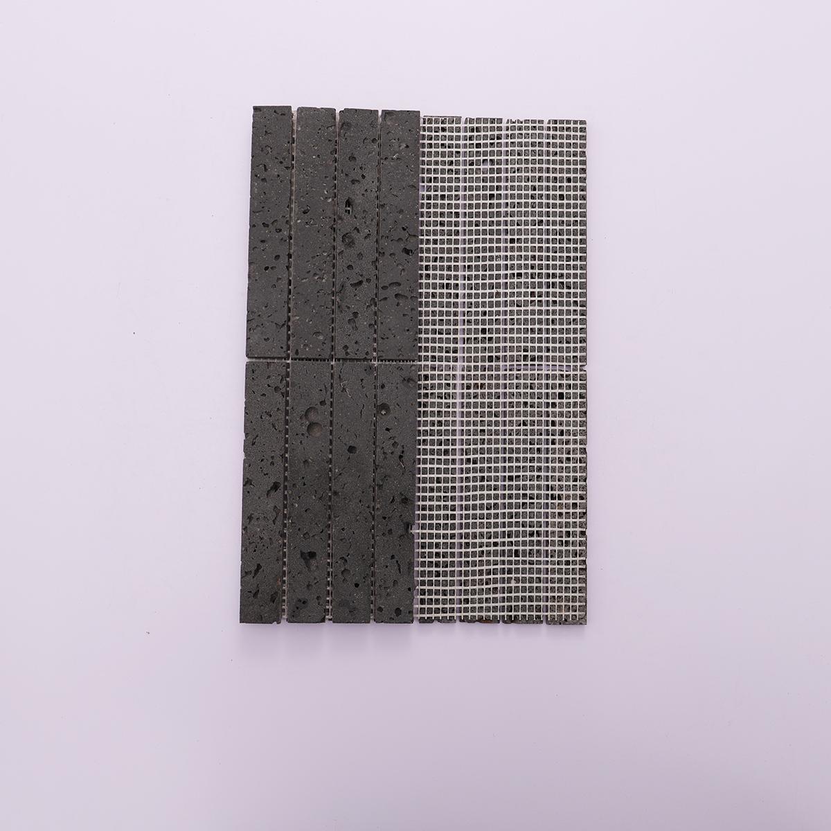 Black Long Rectangle Stacked Travertine Stone Mosaic Tiles — mosaic thanh dài (linear) bằng đá travertine đen