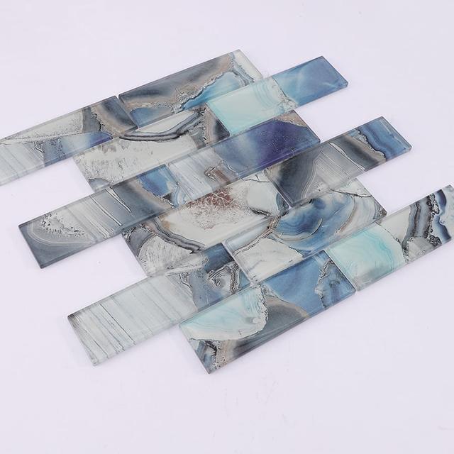 Blue Grey Rectangle Subway Onyx Glass Mosaic Tile — mosaic subway (gạch thẻ) bằng đá onyx xanh dương & xám