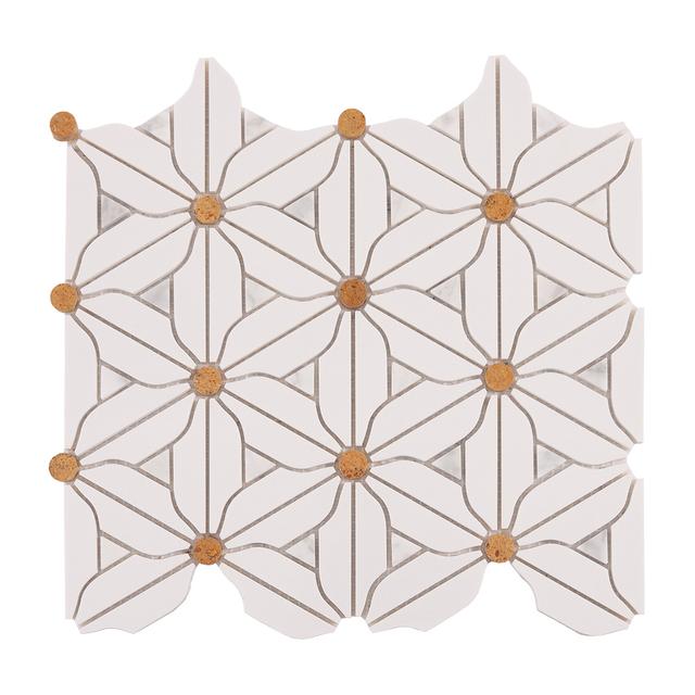 White Floral Marble Mosaic Tiles with Ochre Centers — Rochelle Rochelle Stone