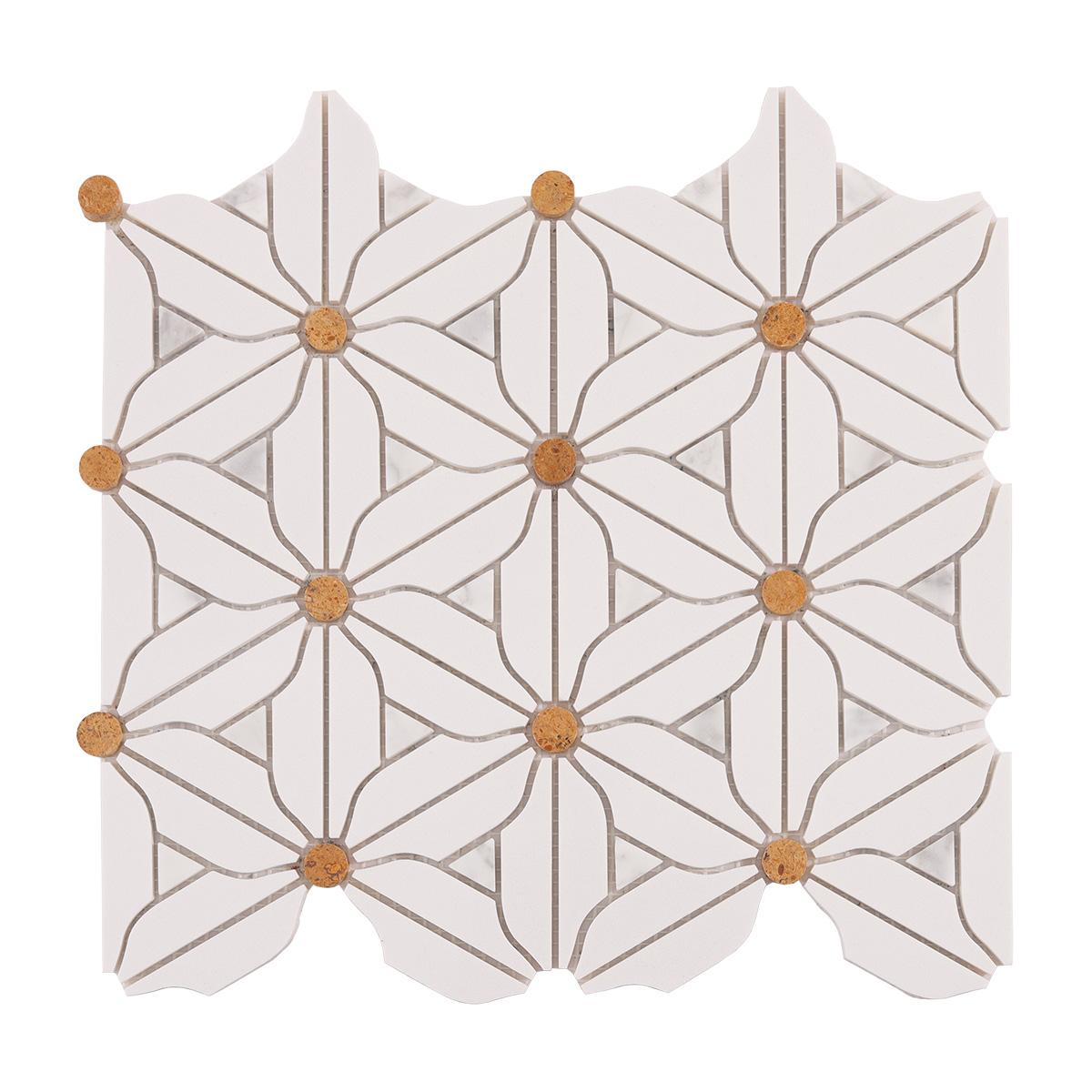 White and Gold Floral Pattern Marble Mosaic Tiles — mosaic hoa văn waterjet bằng đá marble trắng & vàng
