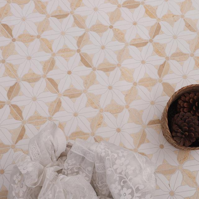 Flower Pattern Beige and White Marble Mosaic Tiles — mosaic hoa văn waterjet bằng đá marble trắng & beige