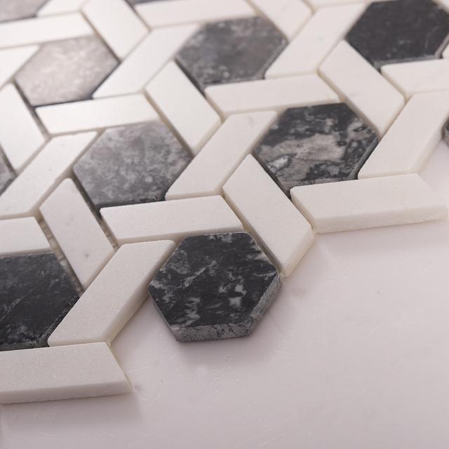 Gray and White Hexagonal Lattice Marble Tiles — mosaic lục giác bằng đá marble trắng & xám