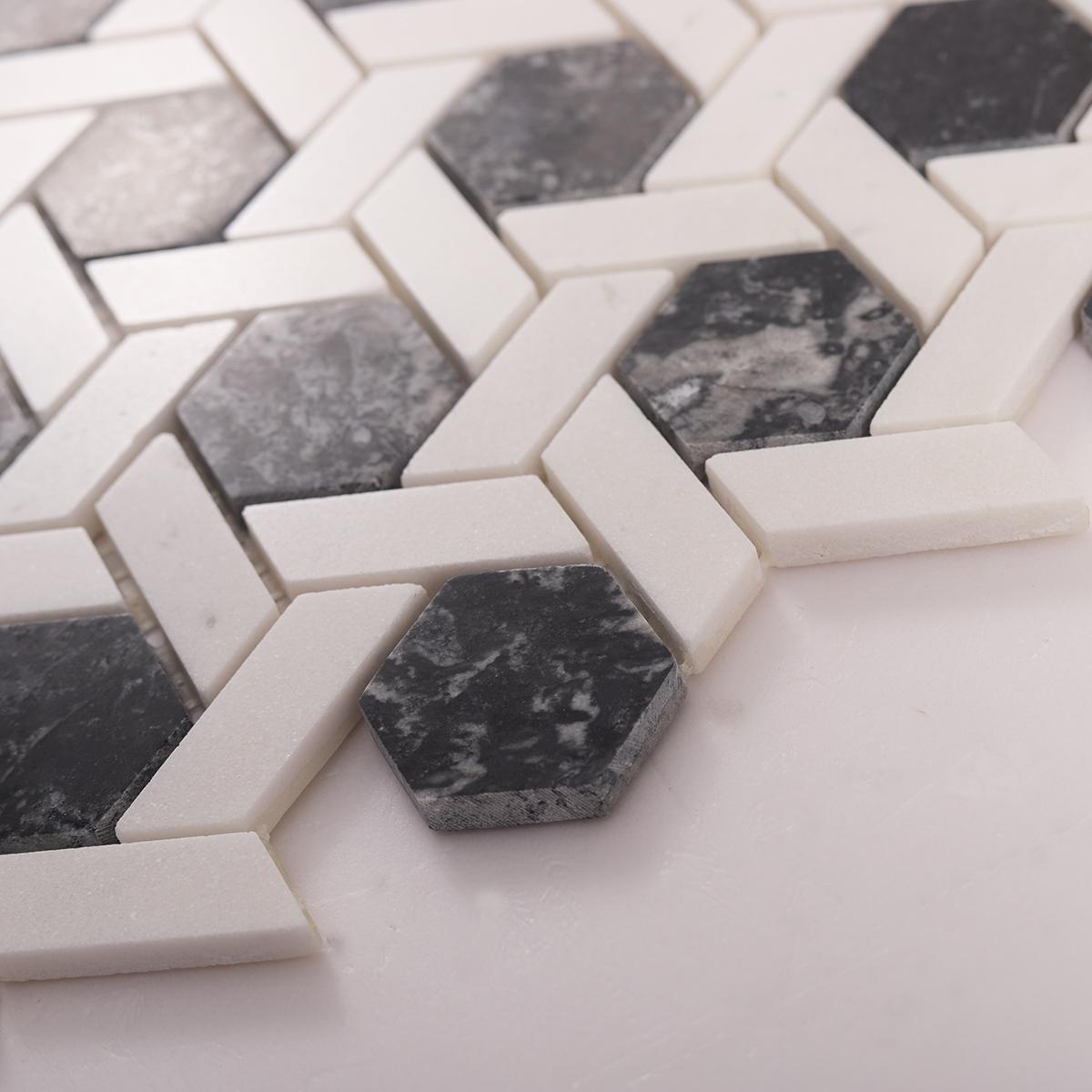 Gray and White Hexagonal Lattice Marble Tiles — mosaic lục giác bằng đá marble trắng & xám