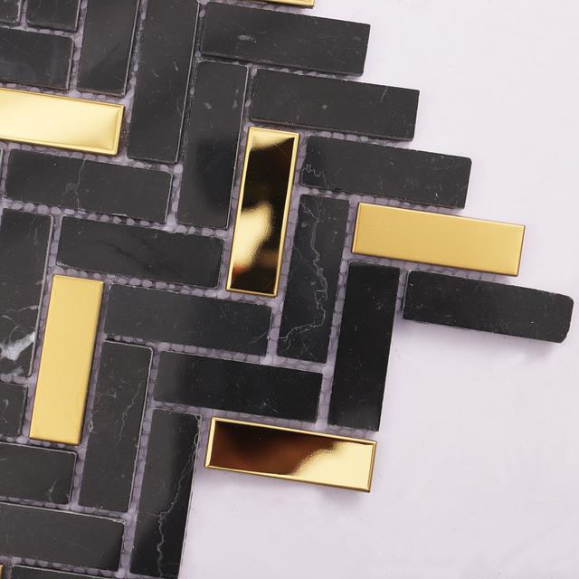 Luxury Black and Gold Marble Bathroom  Gradient Mosaic Tiles — mosaic xương cá bằng đá marble đen & vàng