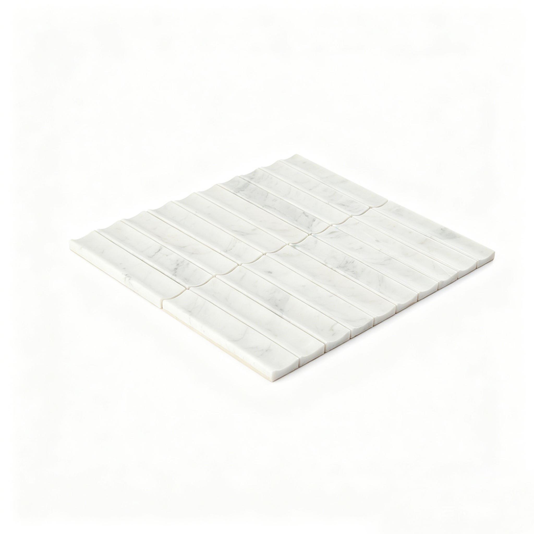 3D White Marble Curved Fluted Mosaic Bathroom Wall Tile — mosaic rãnh sọc (fluted) bằng đá marble trắng