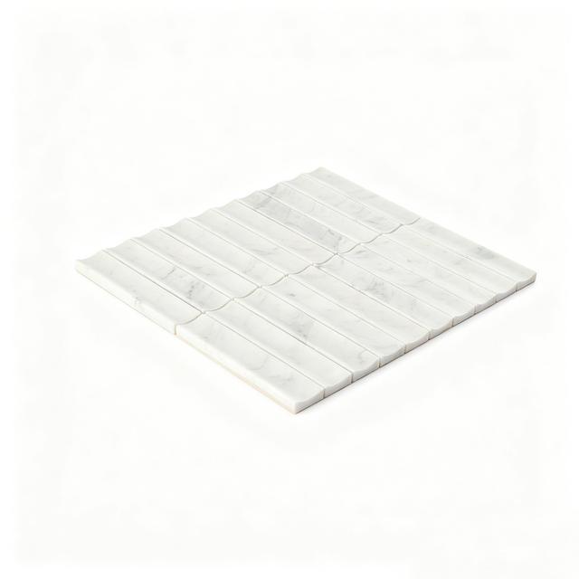3D White Marble Curved Fluted Mosaic Bathroom Wall Tile — mosaic rãnh sọc (fluted) bằng đá marble trắng