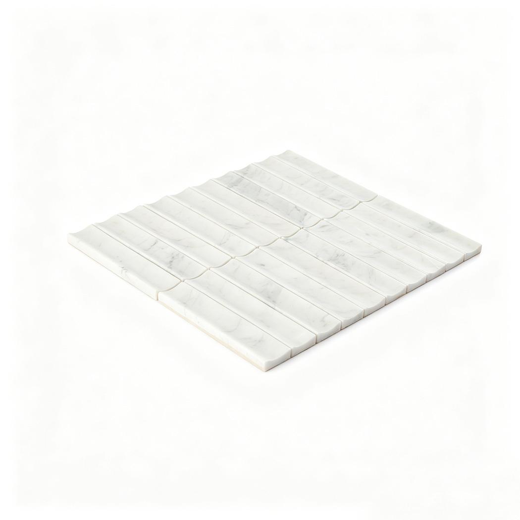 3D White Marble Curved Fluted Mosaic Bathroom Wall Tile — mosaic rãnh sọc (fluted) bằng đá marble trắng