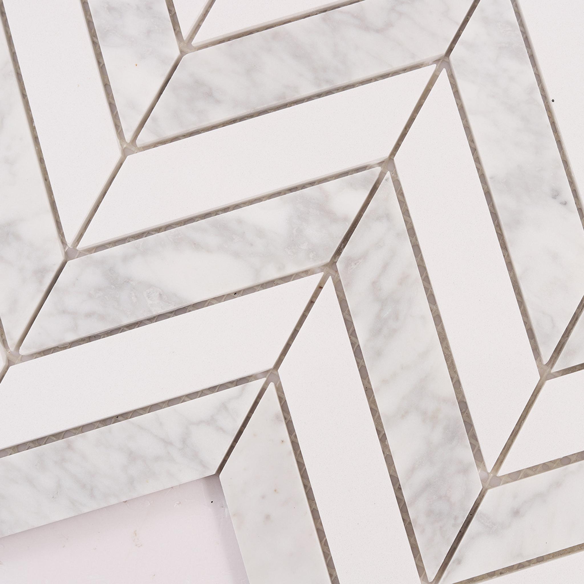 Herringbone Carrara White Marble Mosaic Tiles — mosaic xương cá bằng đá marble trắng & trắng Carrara