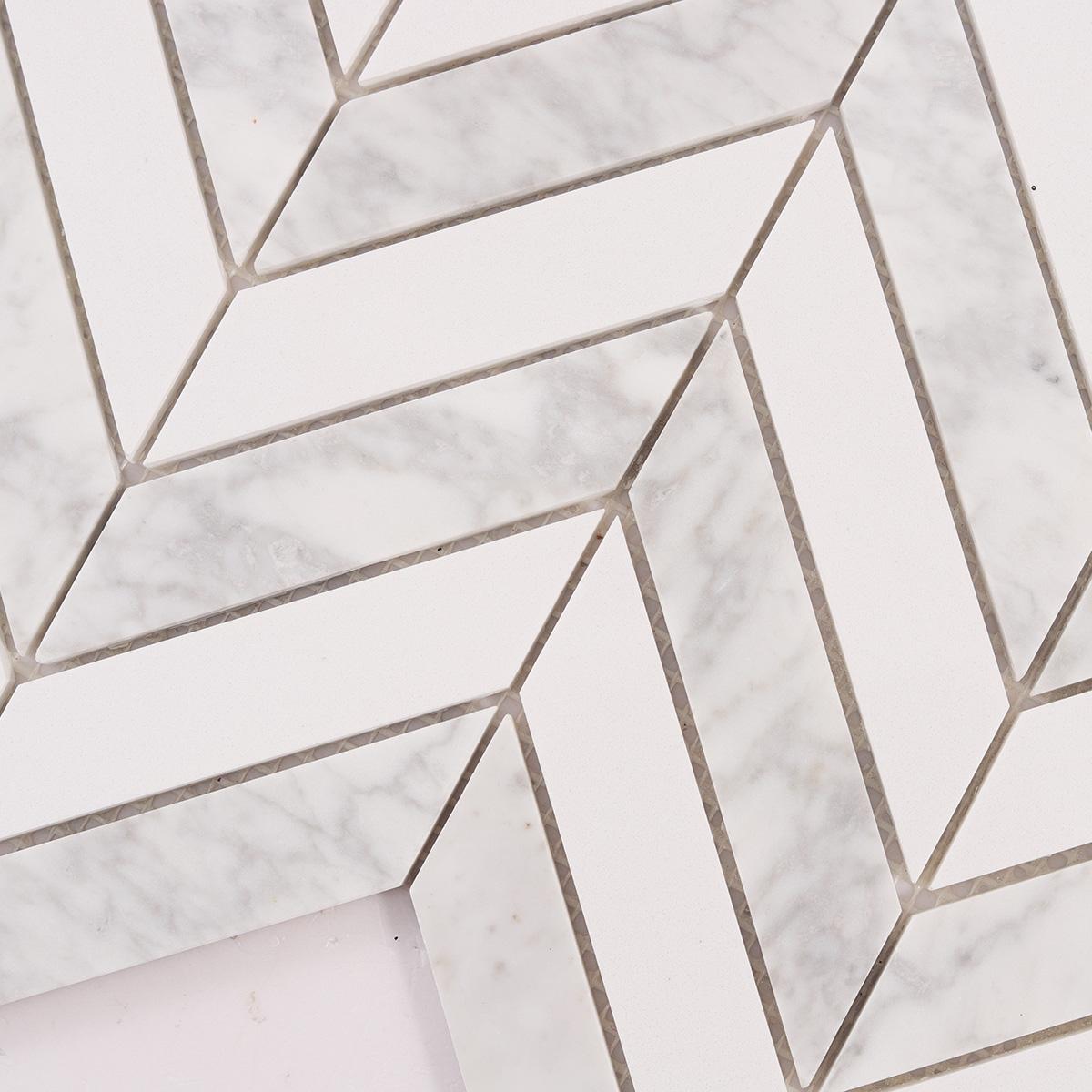 Herringbone Carrara White Marble Mosaic Tiles — mosaic xương cá bằng đá marble trắng & trắng Carrara