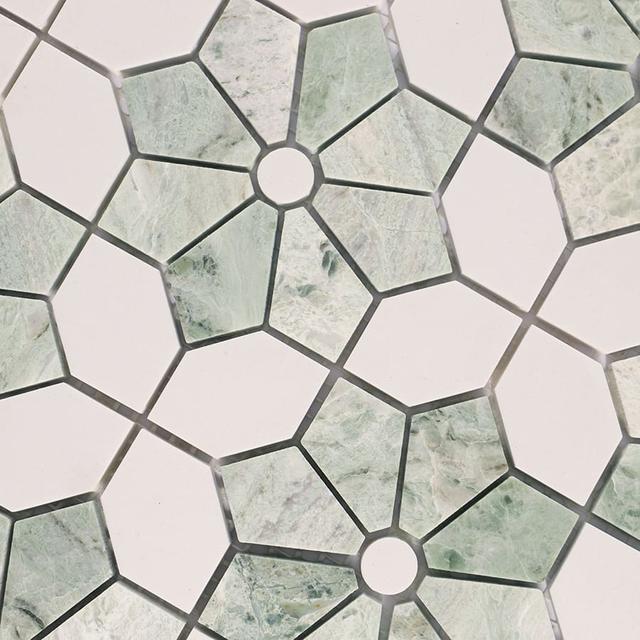 Green with White Marble Flower Mosaic Floor Tile — mosaic hoa văn waterjet bằng đá marble trắng & xanh lục