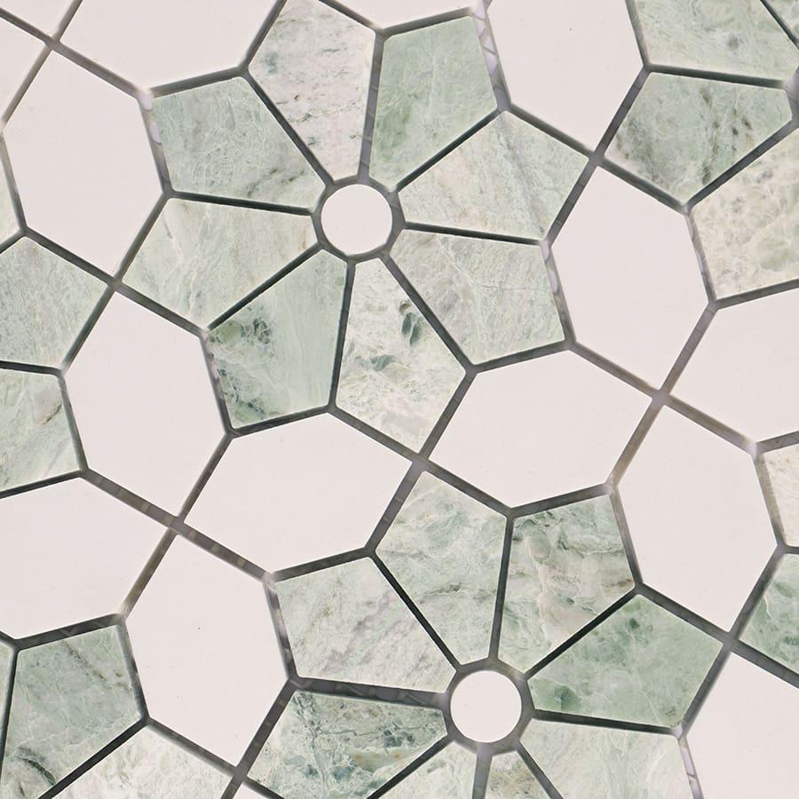 Green with White Marble Flower Mosaic Floor Tile — mosaic hoa văn waterjet bằng đá marble trắng & xanh lục