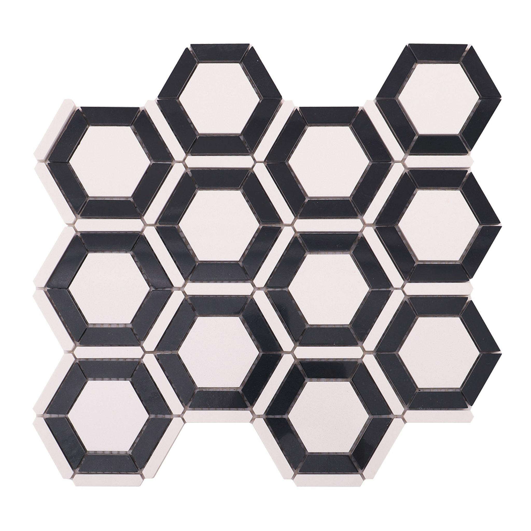 Black and White Hexagon Carrara Marble Mosaic Tile — mosaic lục giác bằng đá marble đen & trắng