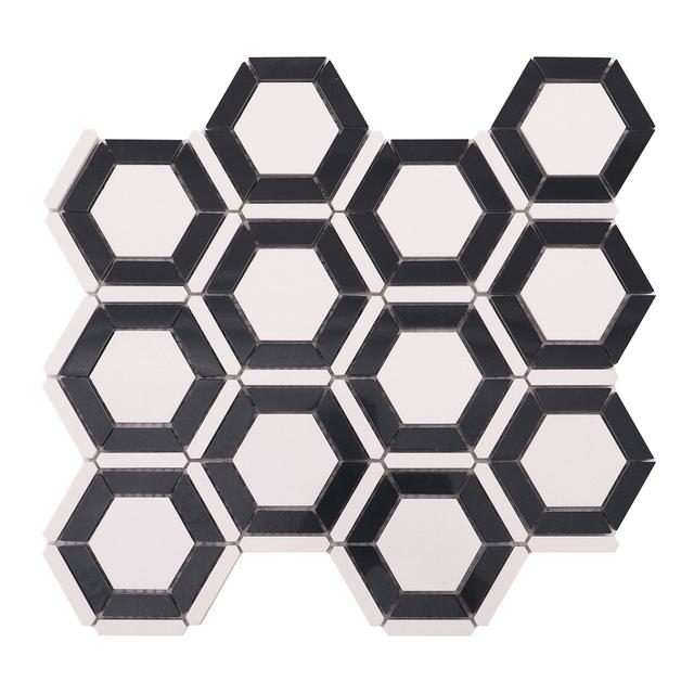 Black and White Hexagon Carrara Marble Mosaic Tile — mosaic lục giác bằng đá marble đen & trắng