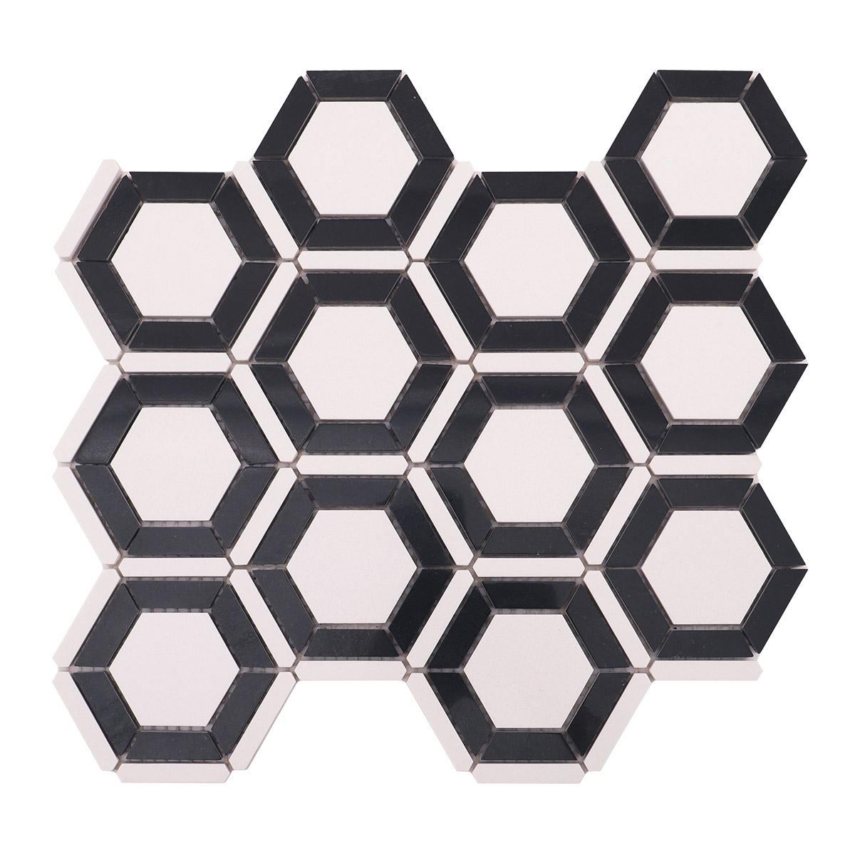 Black and White Hexagon Carrara Marble Mosaic Tile — mosaic lục giác bằng đá marble đen & trắng