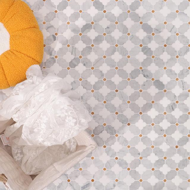 Gray and White Flower Waterjet Marble Mosaic Tiles — mosaic hoa văn waterjet bằng đá marble trắng & xám