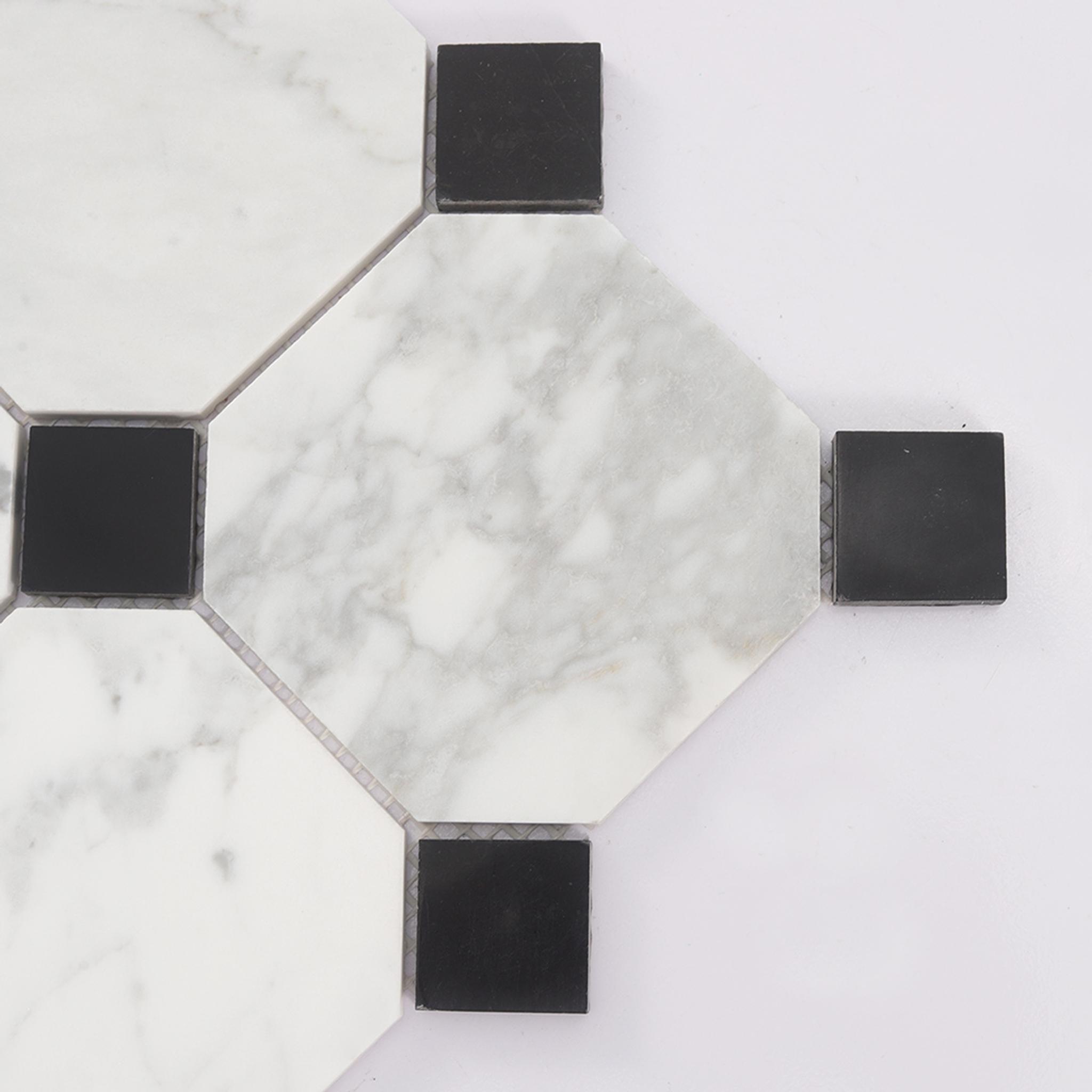 White Octagon Marble Mosaic with Black Square Dot Tile — mosaic vuông bằng đá marble đen & trắng