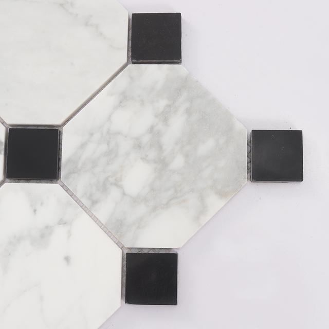 White Octagon Marble Mosaic with Black Square Dot Tile — mosaic vuông bằng đá marble đen & trắng