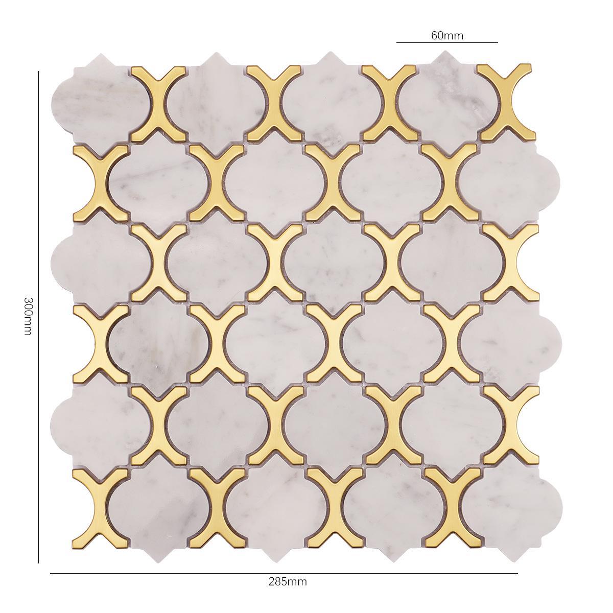 Carrara White & Gold Metal Arabesque Marble Mosaic Tile — mosaic arabesque bằng đá marble trắng & vàng