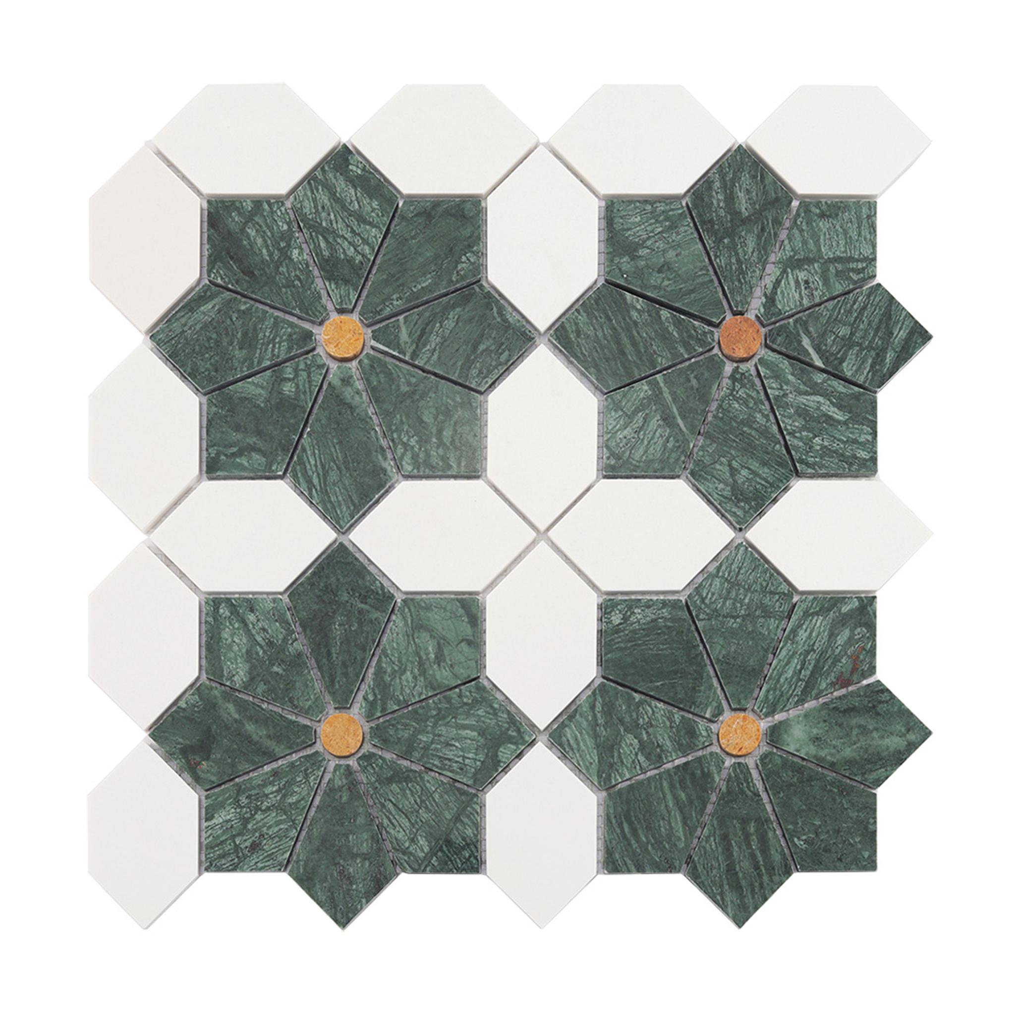Green Flower Marble Mosaic Tile with White Octagon Pieces and Gold — mosaic hoa văn waterjet bằng đá marble trắng & xanh lục