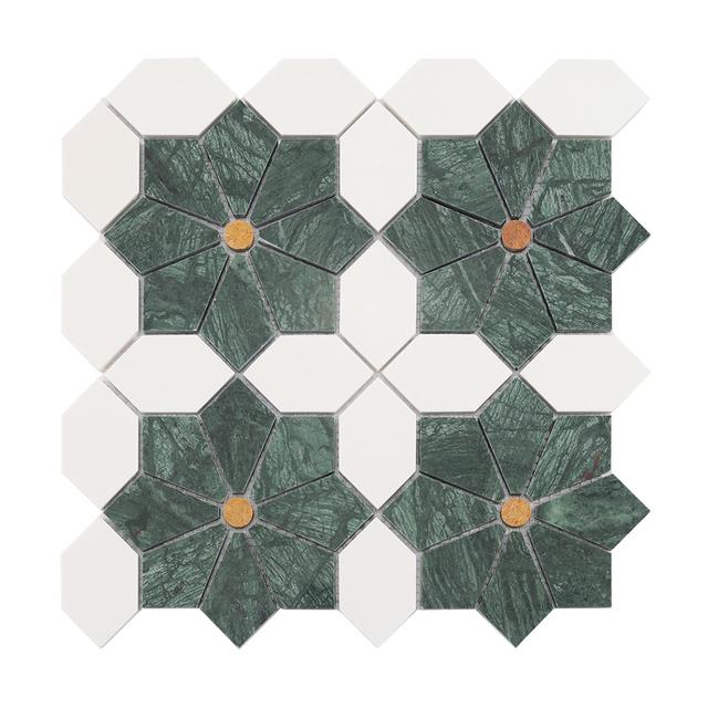 Green Flower Marble Mosaic Tile with White Octagon Pieces and Gold — mosaic hoa văn waterjet bằng đá marble trắng & xanh lục