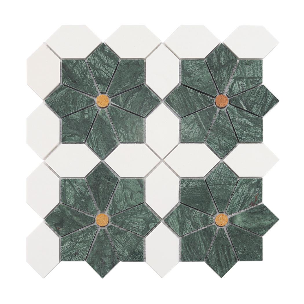 Green Flower Marble Mosaic Tile with White Octagon Pieces and Gold — mosaic hoa văn waterjet bằng đá marble trắng & xanh lục