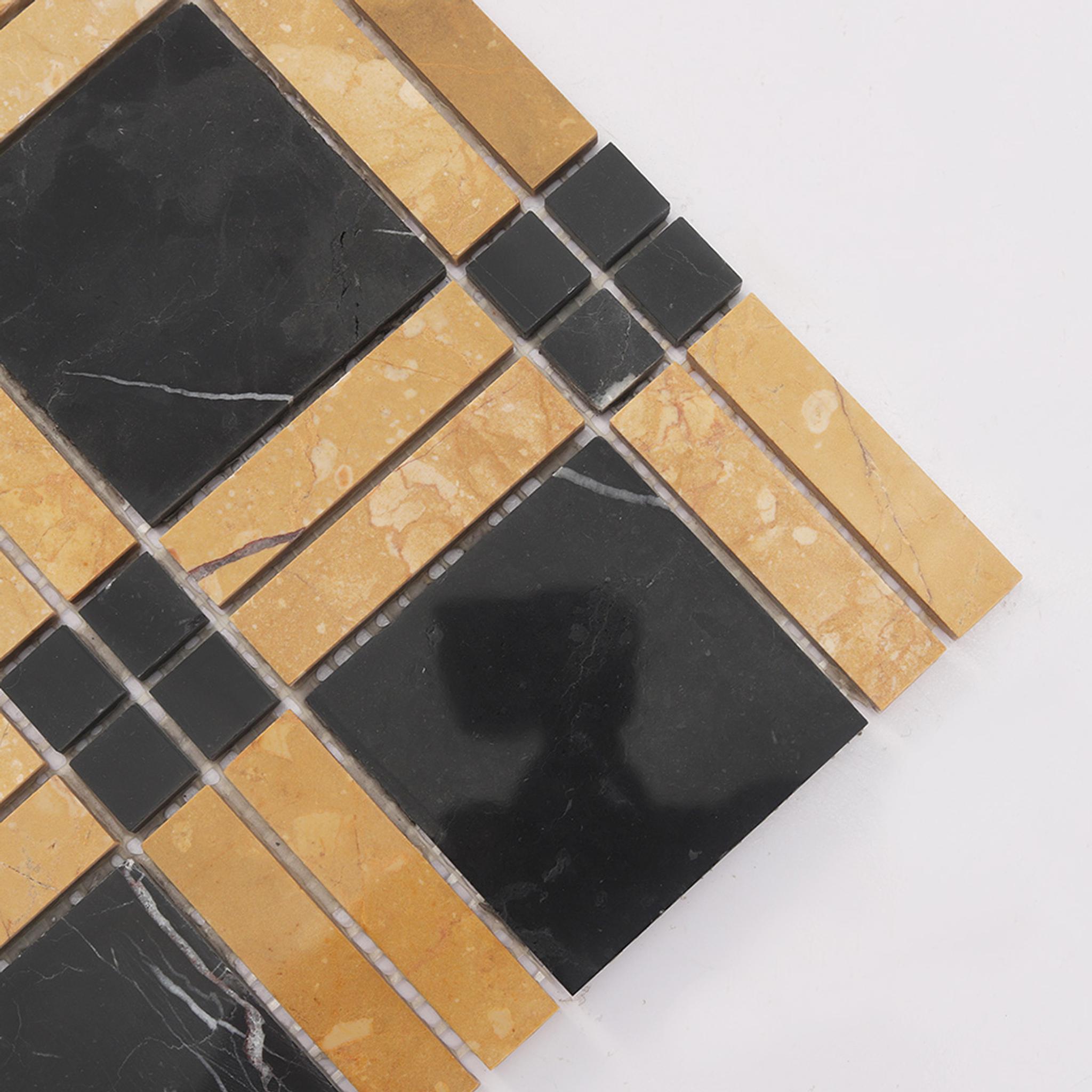 Black and Gold Plaid Marble Mosaic Bathroom Tile — mosaic ghép nghệ thuật bằng đá marble đen & vàng