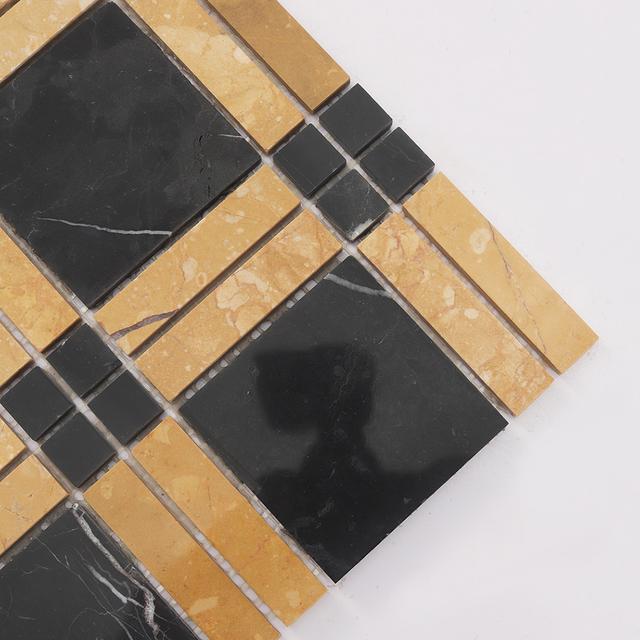 Black and Gold Plaid Marble Mosaic Bathroom Tile — mosaic ghép nghệ thuật bằng đá marble đen & vàng