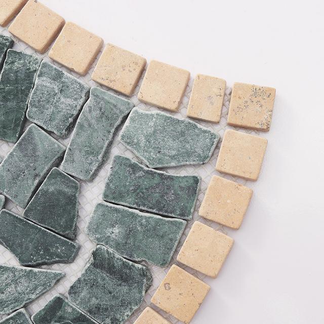 Irregular Green Marble Pebble Mosaic with Beige Square Border Tiles — mosaic vuông bằng đá marble xanh lục & beige