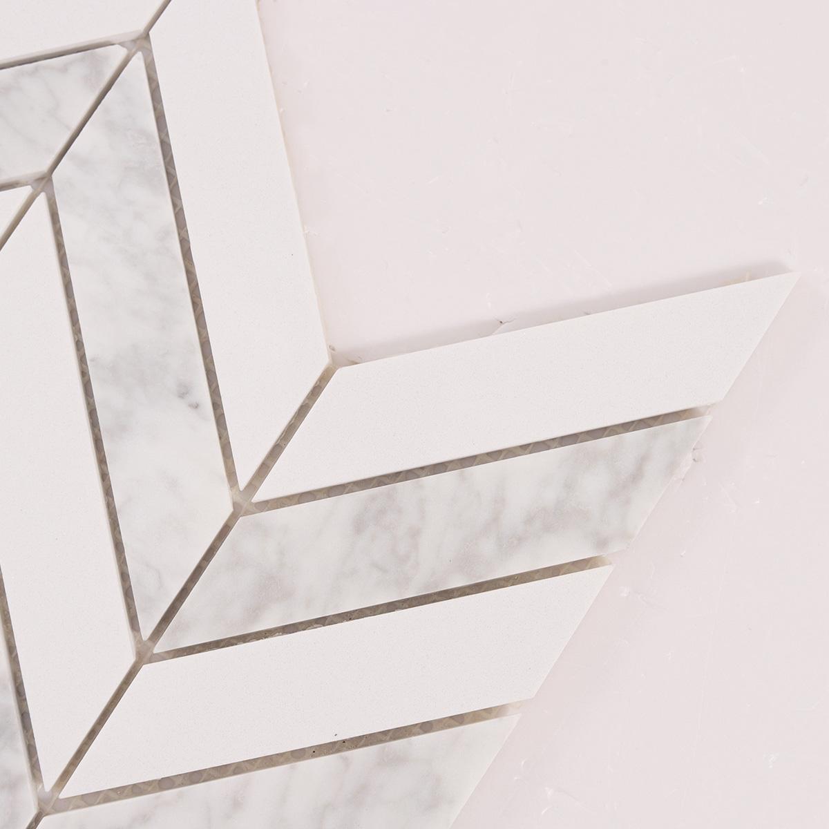 Herringbone Carrara White Marble Mosaic Tiles — mosaic xương cá bằng đá marble trắng & trắng Carrara