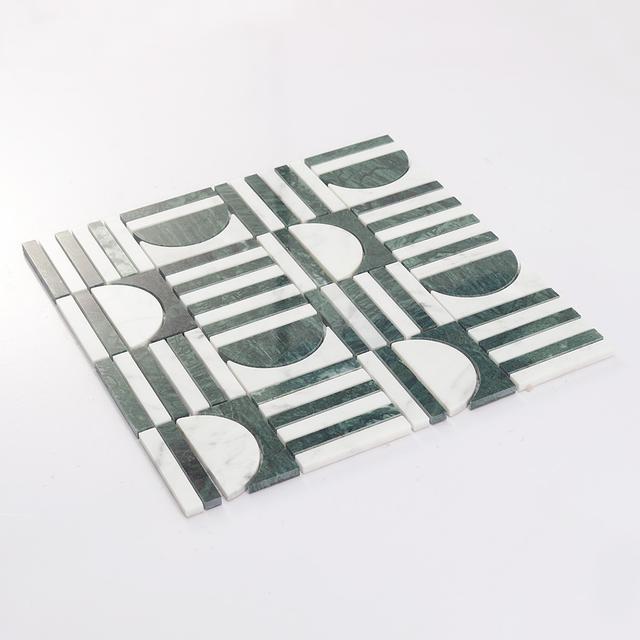 Geometric Green and White Marble Mosaic Backsplash and Bathroom Tile — mosaic ghép nghệ thuật bằng đá marble trắng & xanh lục