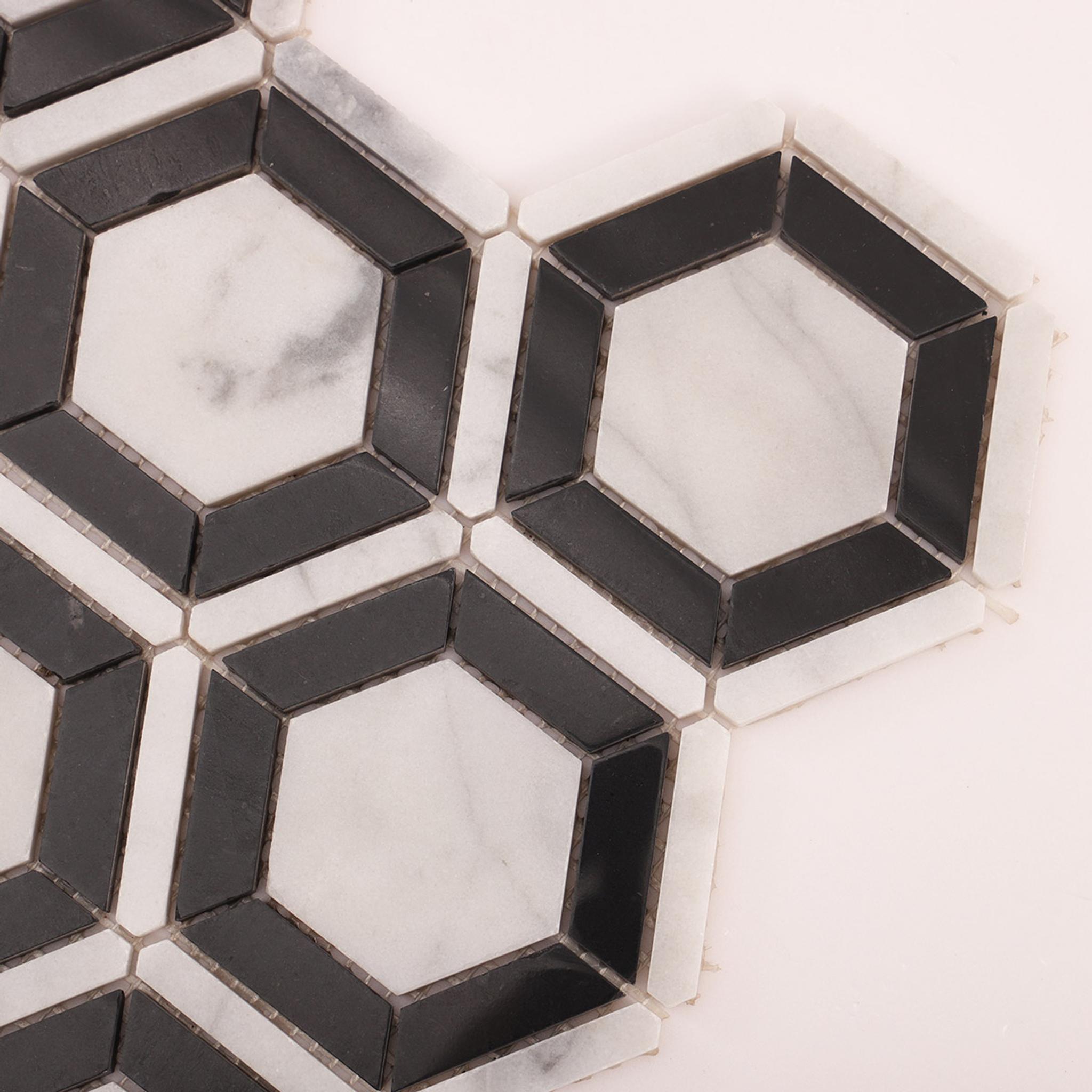Carrara White and Black Hexagon Geometric Marble Mosaic Tiles — mosaic lục giác bằng đá marble đen & trắng