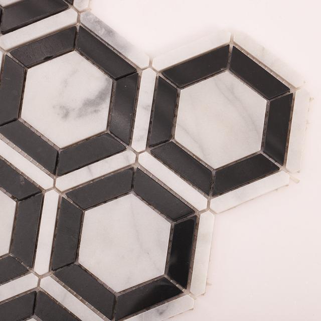 Carrara White and Black Hexagon Geometric Marble Mosaic Tiles — mosaic lục giác bằng đá marble đen & trắng