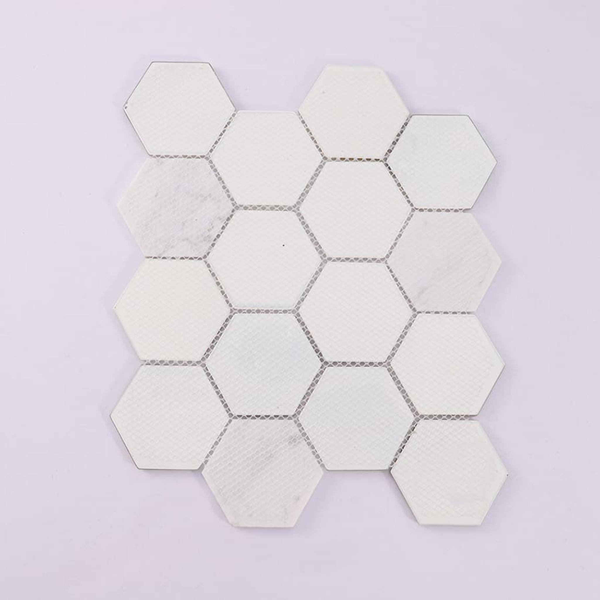 Hexagon Marble and Glass Wall Tile with Gold Accent — mosaic lục giác bằng đá marble vàng