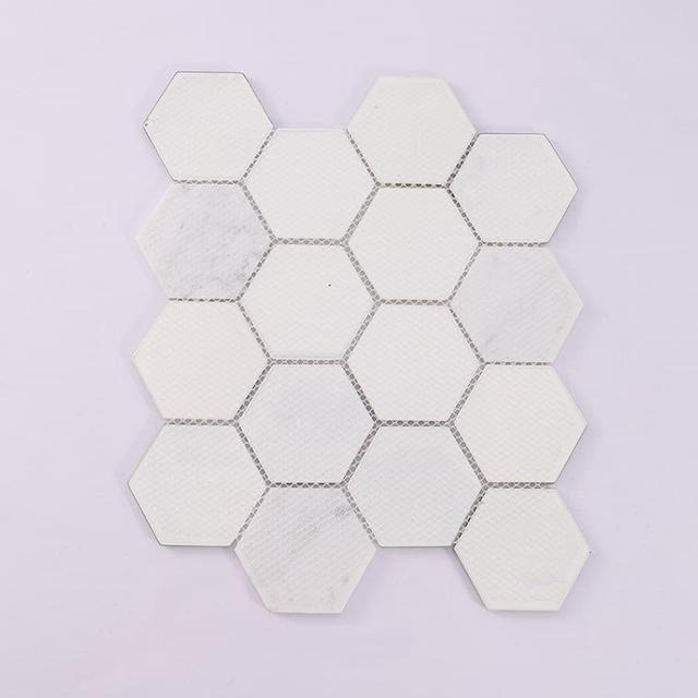 Hexagon Marble and Glass Wall Tile with Gold Accent — mosaic lục giác bằng đá marble vàng