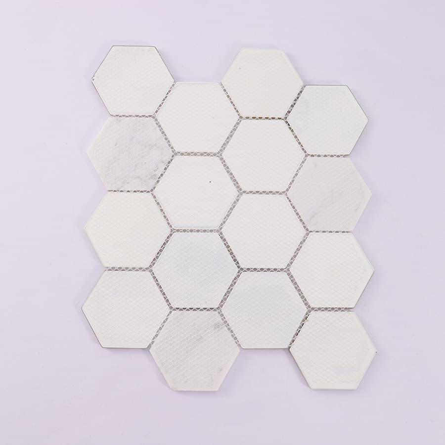 Hexagon Marble and Glass Wall Tile with Gold Accent — mosaic lục giác bằng đá marble vàng