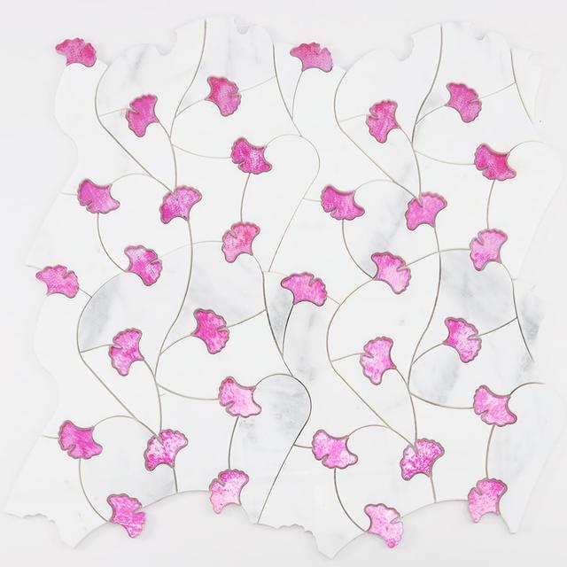 Marble and Glass Waterjet Floral Mosaic Tile — mosaic hoa văn waterjet bằng đá marble tự nhiên