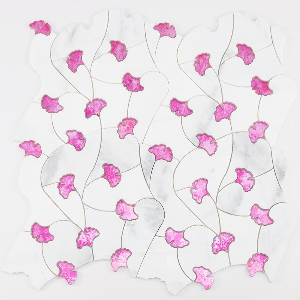Marble and Glass Waterjet Floral Mosaic Tile — mosaic hoa văn waterjet bằng đá marble tự nhiên