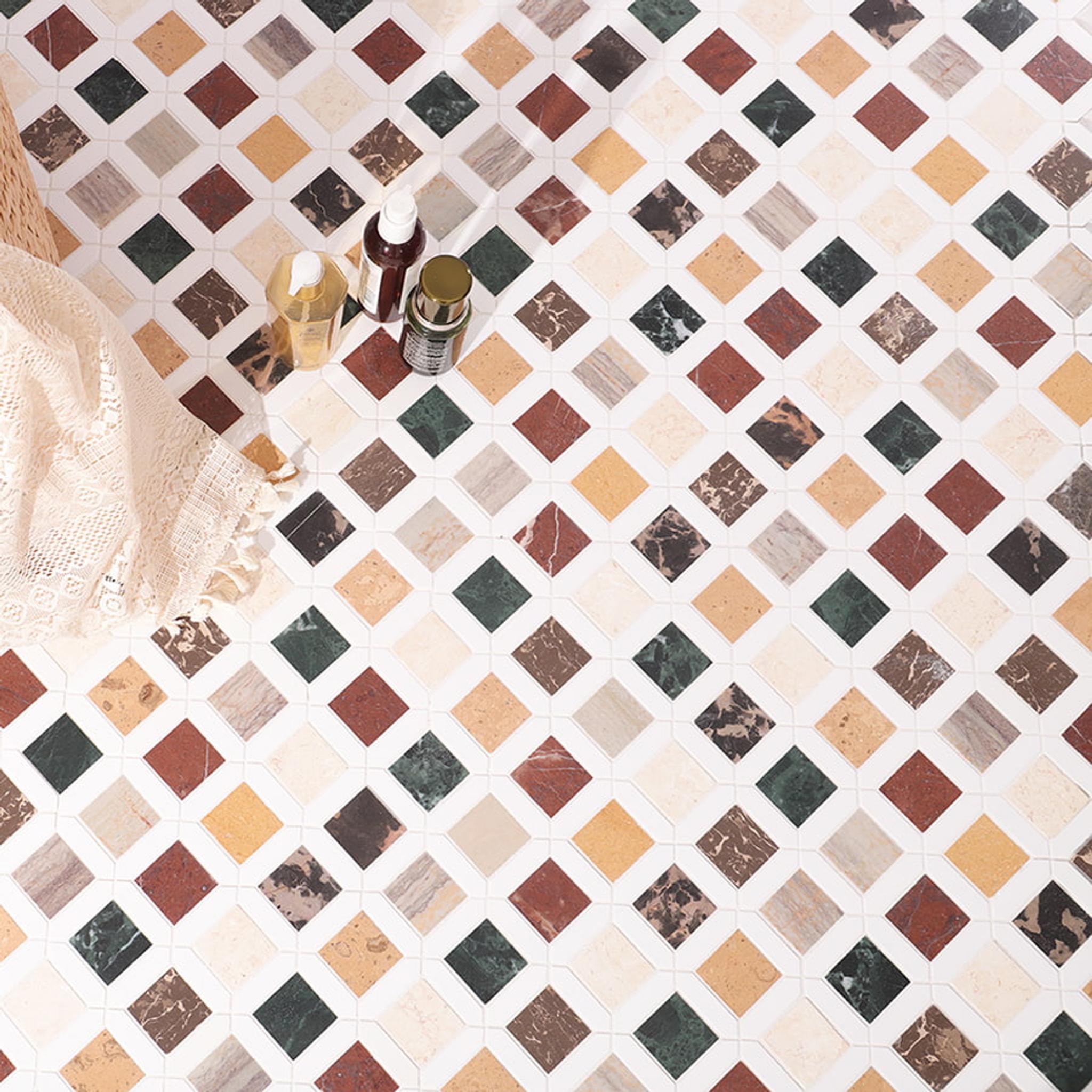 Picket and Square Geometria Multicolor Marble Tile — mosaic vuông bằng đá marble tự nhiên