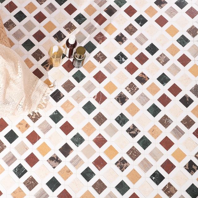 Picket and Square Geometria Multicolor Marble Tile — mosaic vuông bằng đá marble tự nhiên