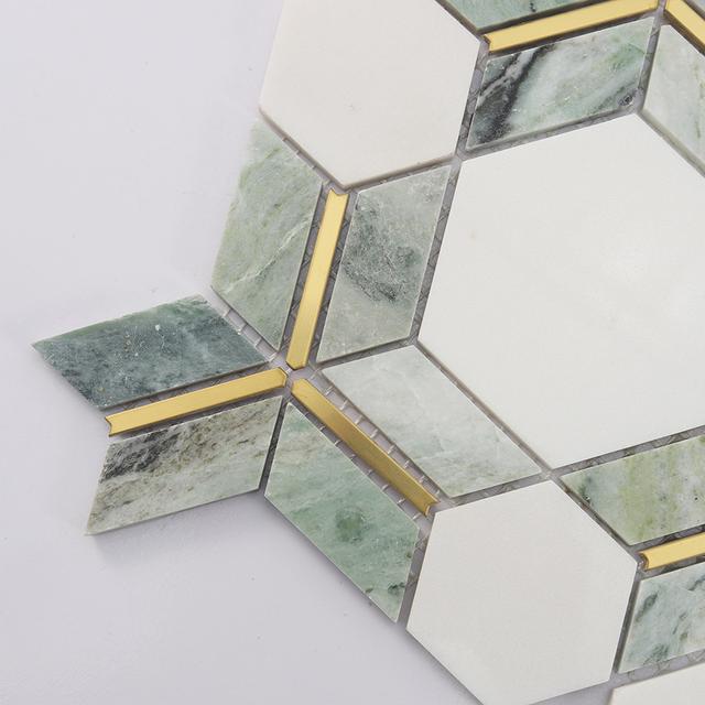 Green and White Hexagon Marble Mosaic Tile with Gold Metal Line — mosaic lục giác bằng đá marble trắng & xanh lục
