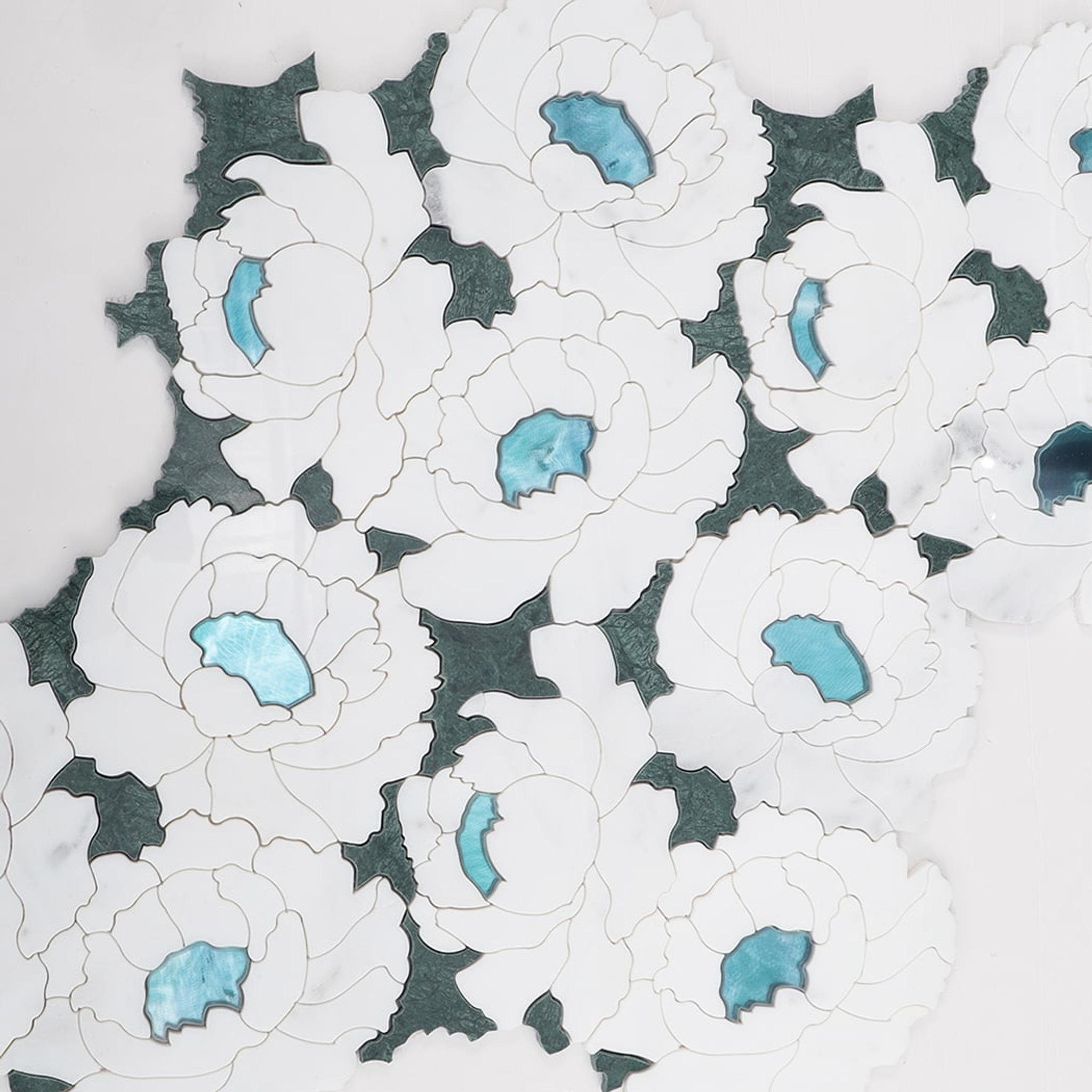 White and Green Floral Waterjet Marble Mosaic Tile — mosaic hoa văn waterjet bằng đá marble trắng & xanh lục