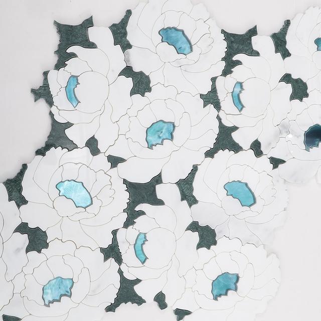 White and Green Floral Waterjet Marble Mosaic Tile — mosaic hoa văn waterjet bằng đá marble trắng & xanh lục
