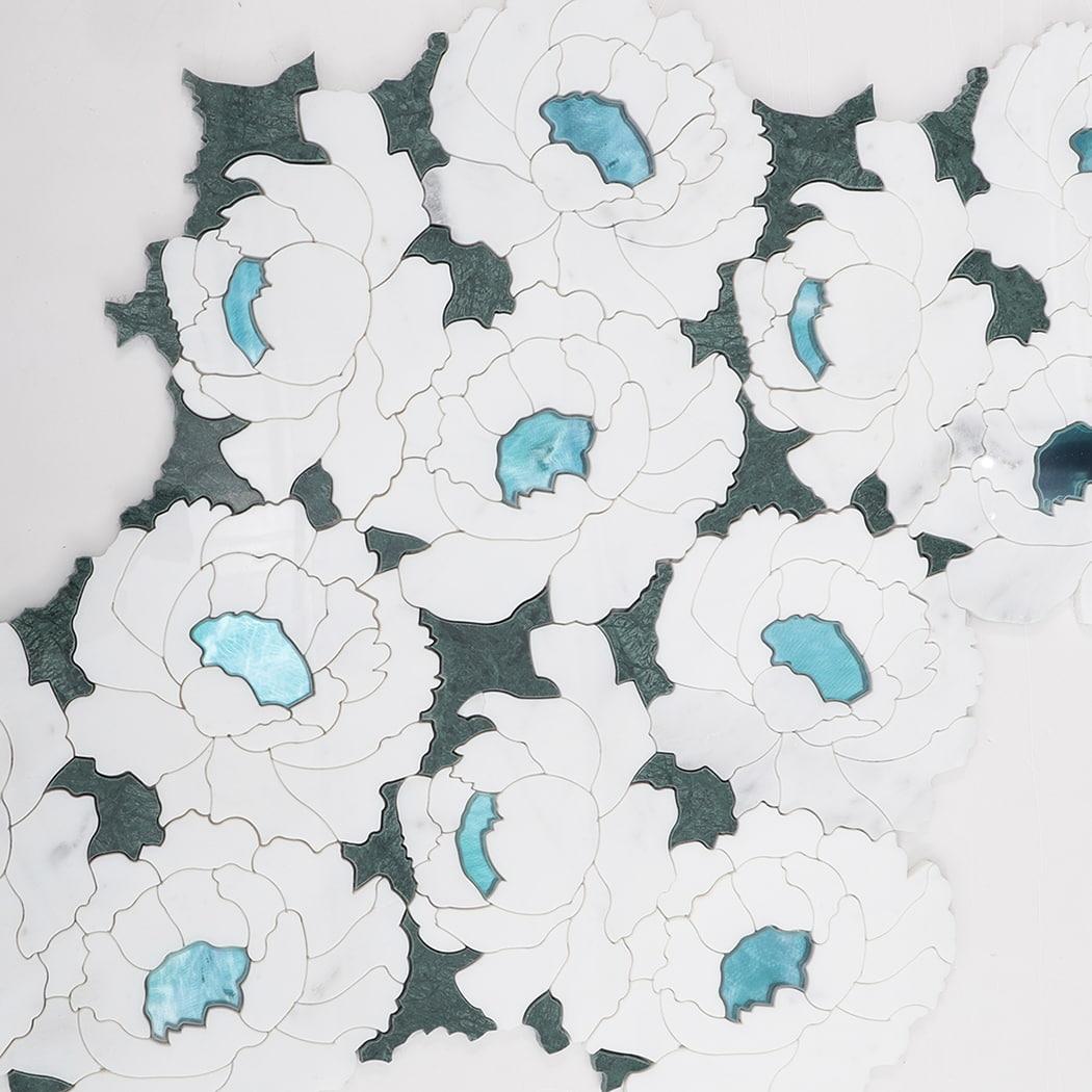 White and Green Floral Waterjet Marble Mosaic Tile — mosaic hoa văn waterjet bằng đá marble trắng & xanh lục