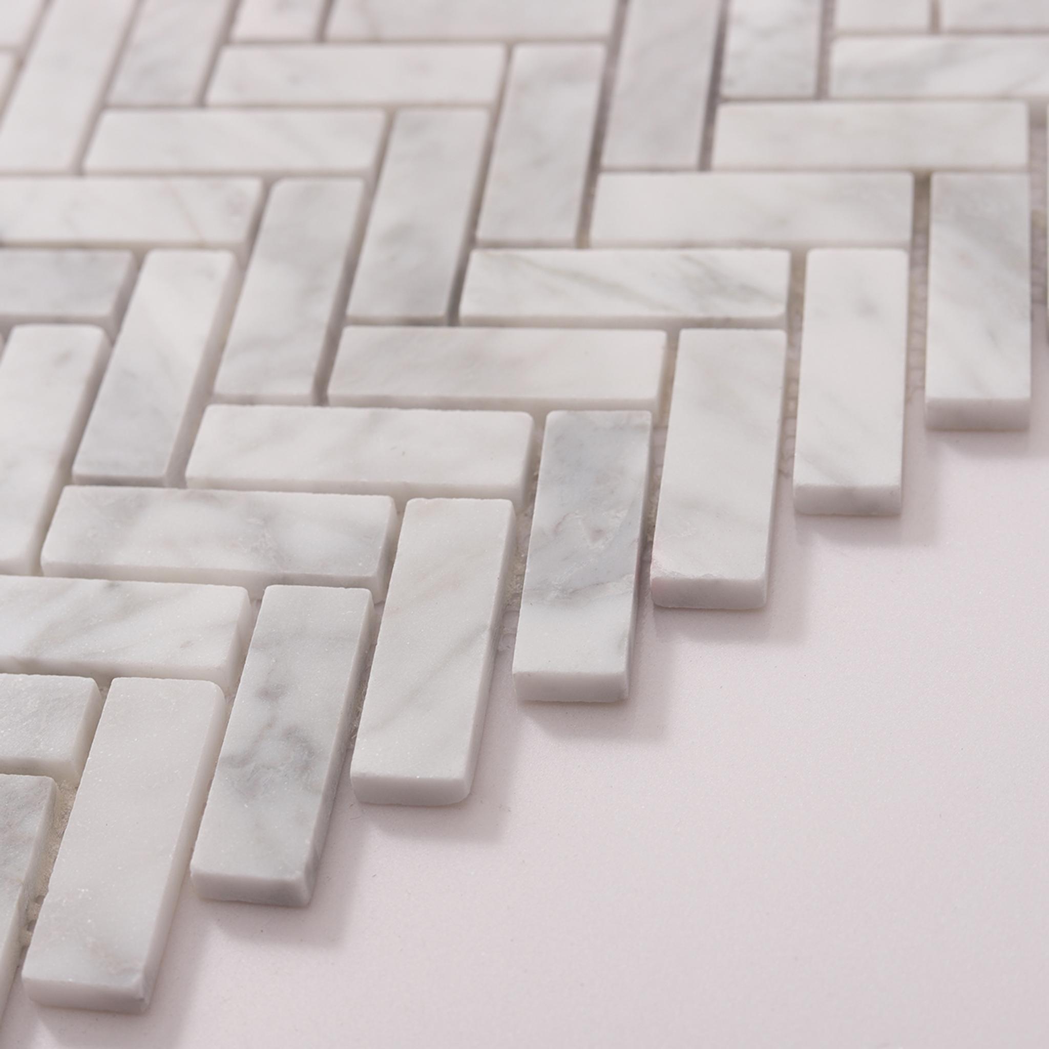 Carrara White Herringbone Polished Marble Mosaic — mosaic xương cá bằng đá marble trắng Carrara
