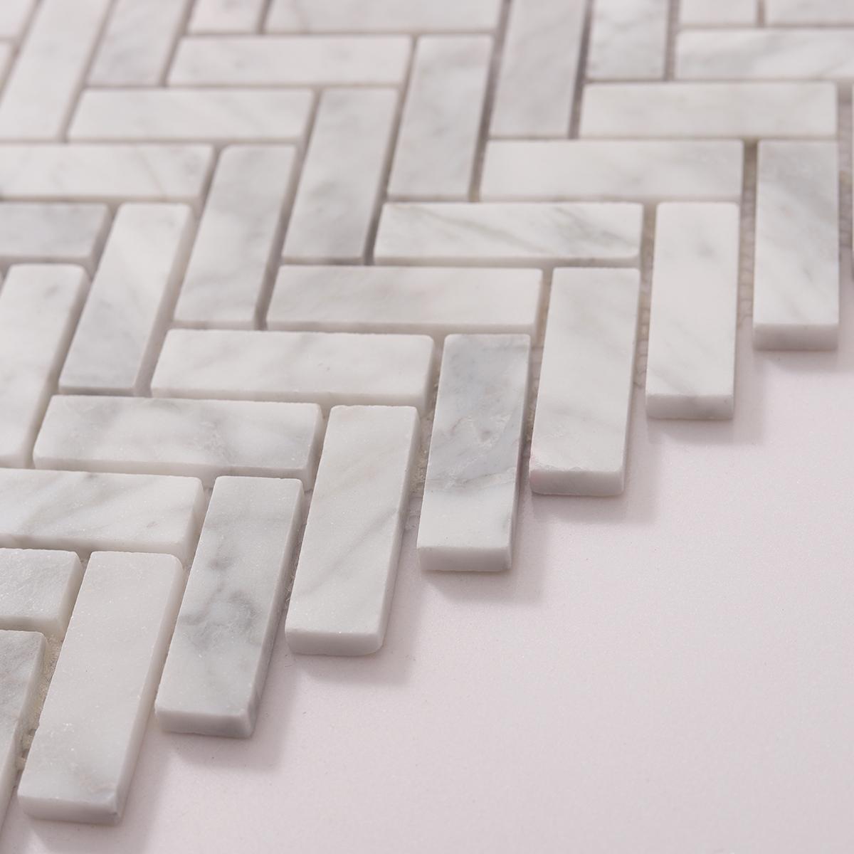 Carrara White Herringbone Polished Marble Mosaic — mosaic xương cá bằng đá marble trắng Carrara