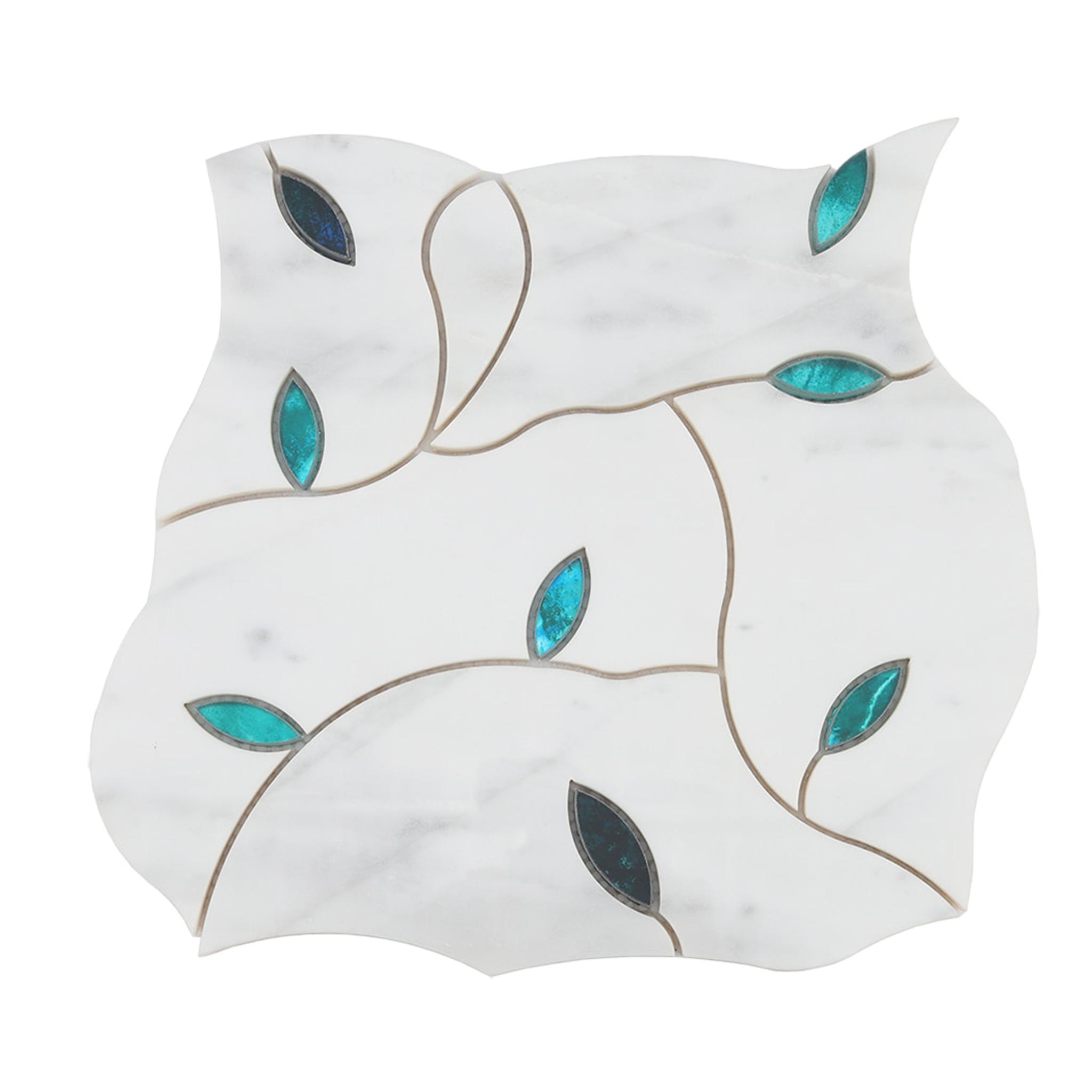 White Marble Waterjet Mosaic Wall Tile Pattern with Teal Glass Leaf — mosaic hoa văn waterjet bằng đá marble trắng