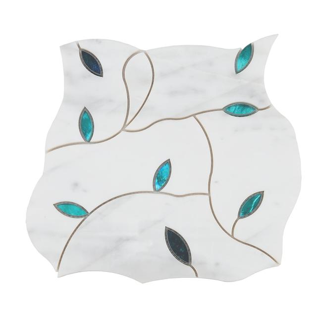 White Marble Waterjet Mosaic Wall Tile Pattern with Teal Glass Leaf — mosaic hoa văn waterjet bằng đá marble trắng