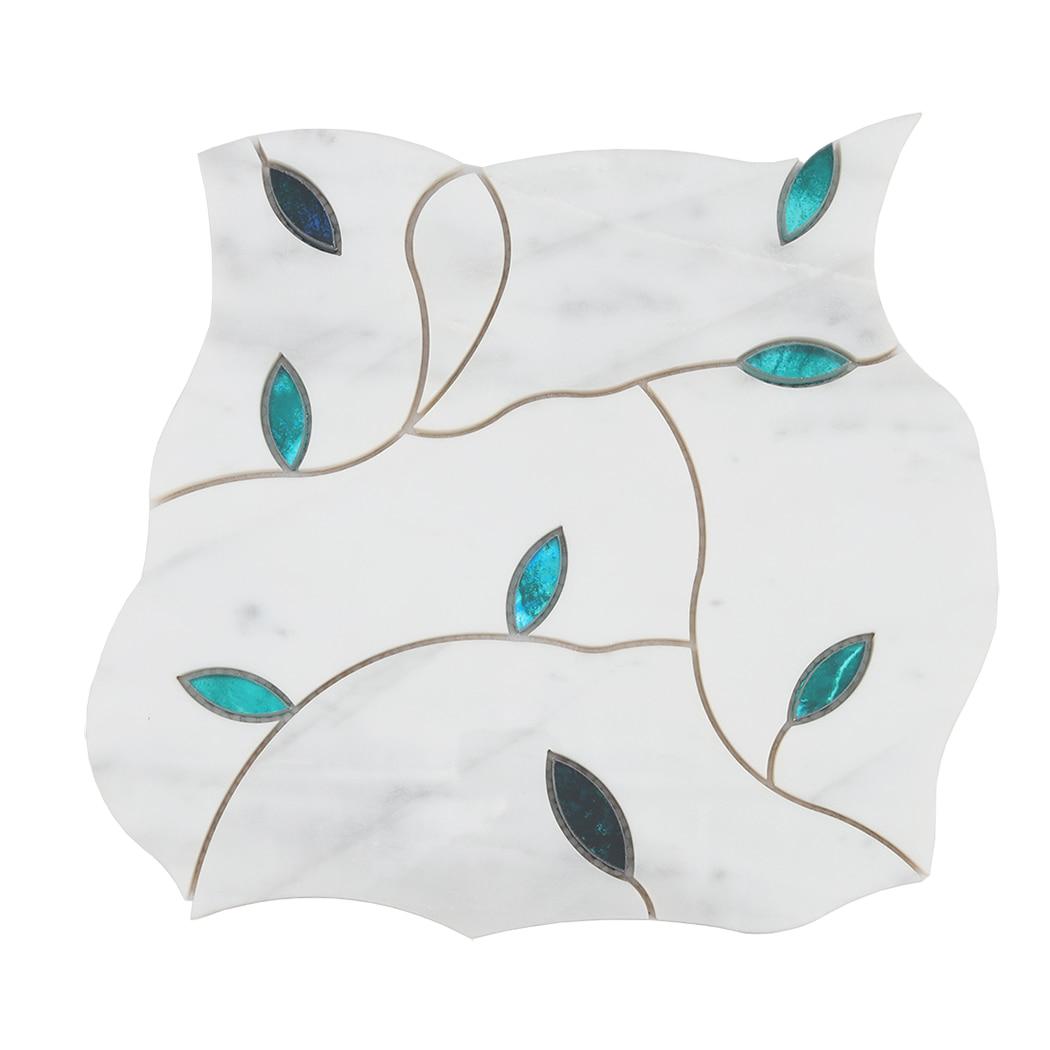 White Marble Waterjet Mosaic Wall Tile Pattern with Teal Glass Leaf — mosaic hoa văn waterjet bằng đá marble trắng